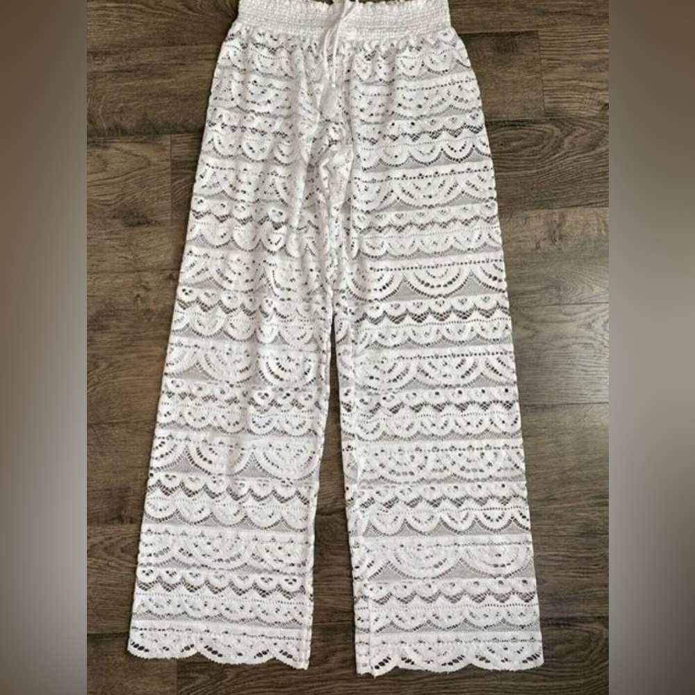 Miken White Lace Scalloped Wide Leg Pants